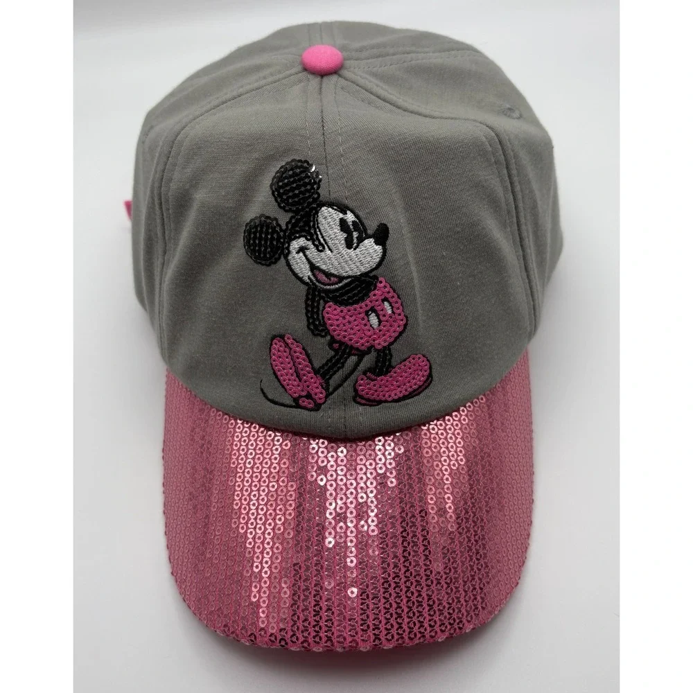 Walt Disney World Pink Gray Sequin Mickey Mouse Adjustable Baseball Cap